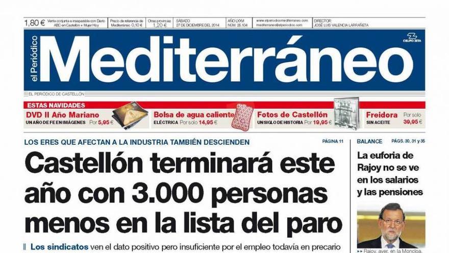 El balance anual del paro, en la portada de Mediterráneo