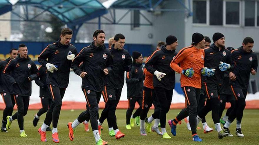 Los jugadores del Shakhtar Donetsk, durante un entrenamiento en Kiev. // Shakhtar Donetsk