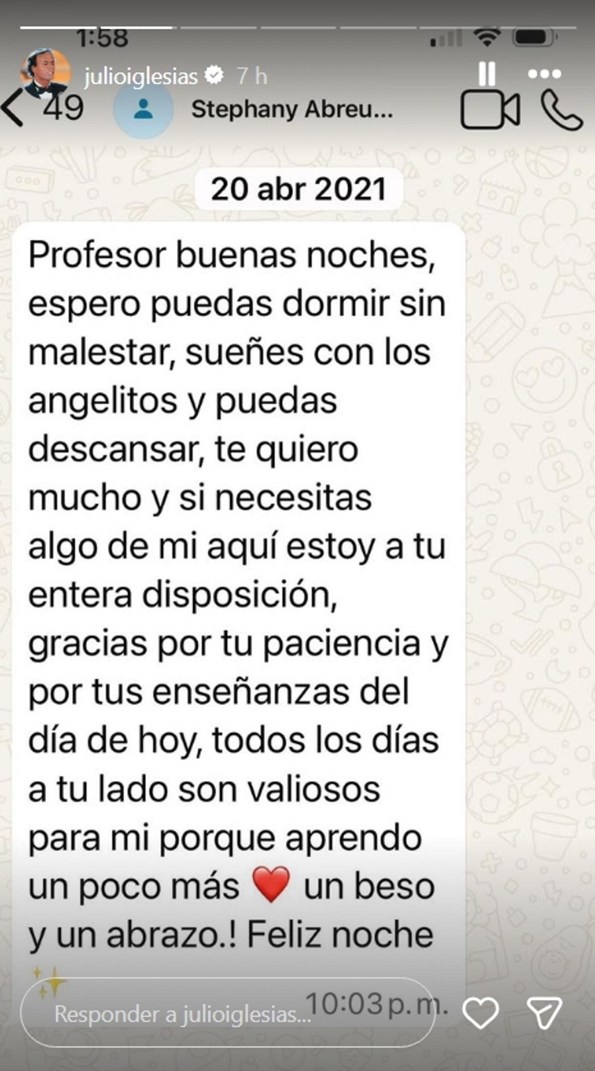 Uno de los mensajes supuestamente enviado por una de las exempleadas a Julio Iglesias.