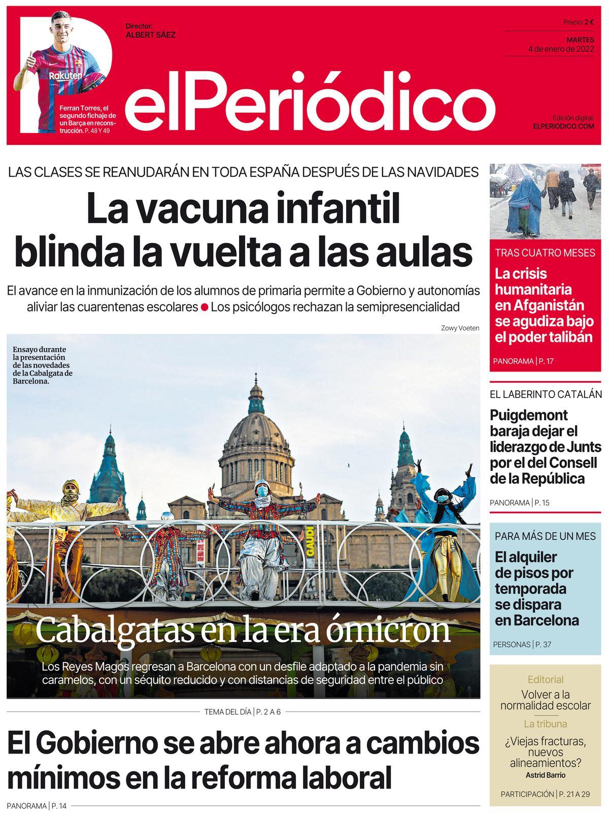 La portada d’EL PERIÓDICO del 4 de gener del 2021