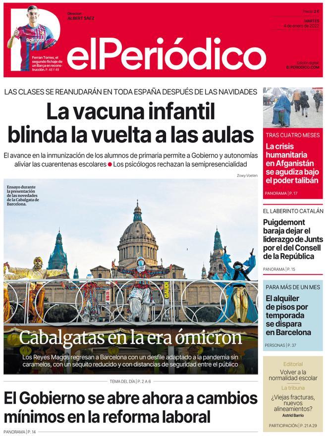 La portada d’EL PERIÓDICO del 4 de gener del 2021