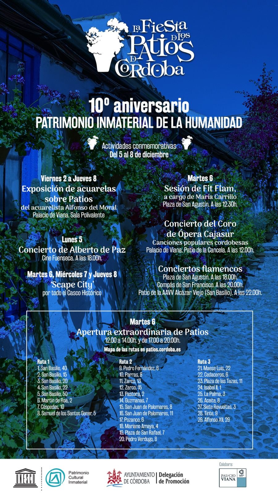 Cartel con las actividades por el décimo aniversario de la declaración de la Unesco sobre los patios de Córdoba.