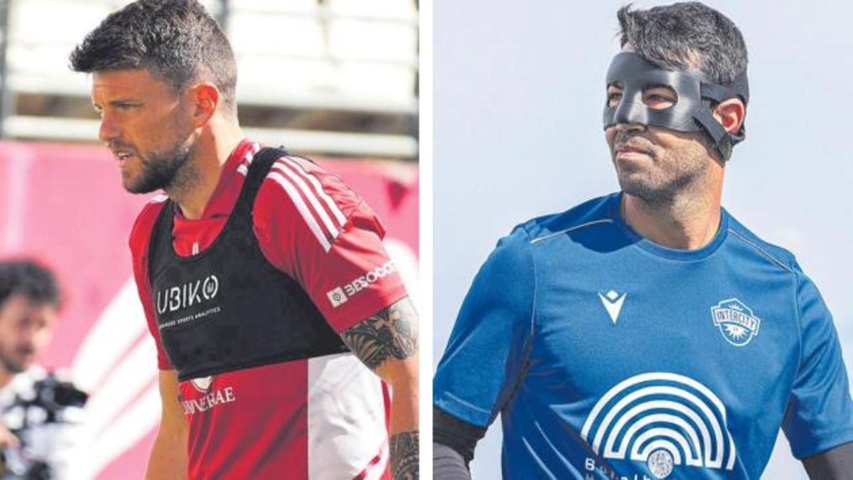 Andrés Carrasco, delantero del Real Murcia, a la derecha; y a la izquierda Miku, exjugador grana y actual del Intercity.  | PRENSA R.MURCIA/INTERCITY