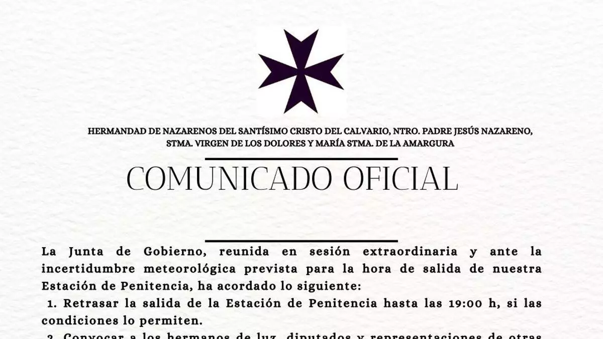 La procesión de la Estación Penitenciaria del Calvario en Mérida se retrasa a las 19.00 por la previsión de lluvia