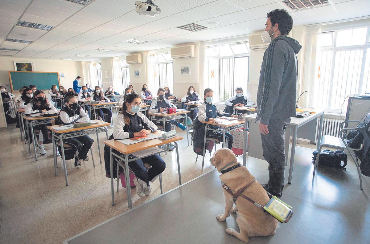 Josep Murgui da clases de franés en el colegio Esclavas de María de València