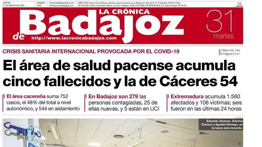 Esta es la portada de LA CRÓNICA DE BADAJOZ correspondiente al día 31 de marzo del 2020