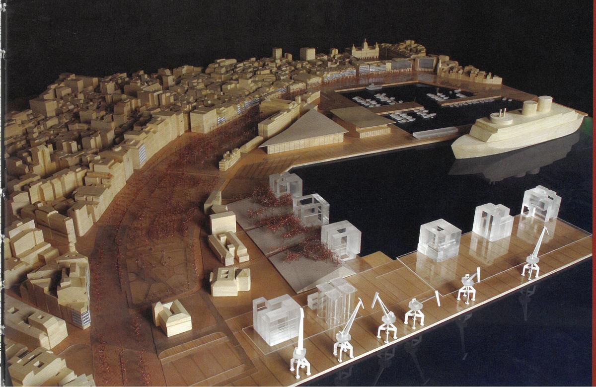 Una de las propuestas de ordenación de los muelles de la Batería y Calvo Sotelo presentada por Joan Busquets en 2006. URBANISMO. MAQUETA