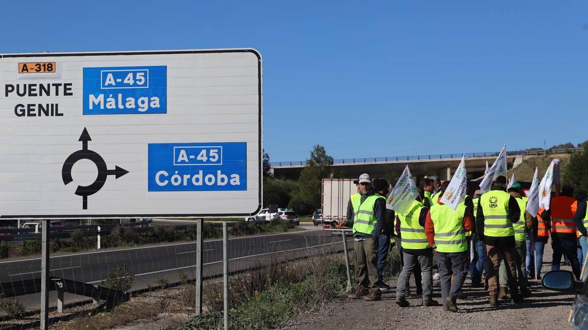 Agricultores junto a la zona de la A-45 donde se harán los cortes