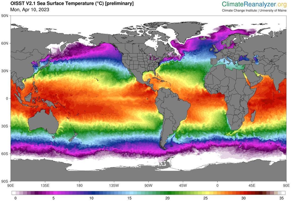 Y este es el panorama de la temperatura actual de los océanos.