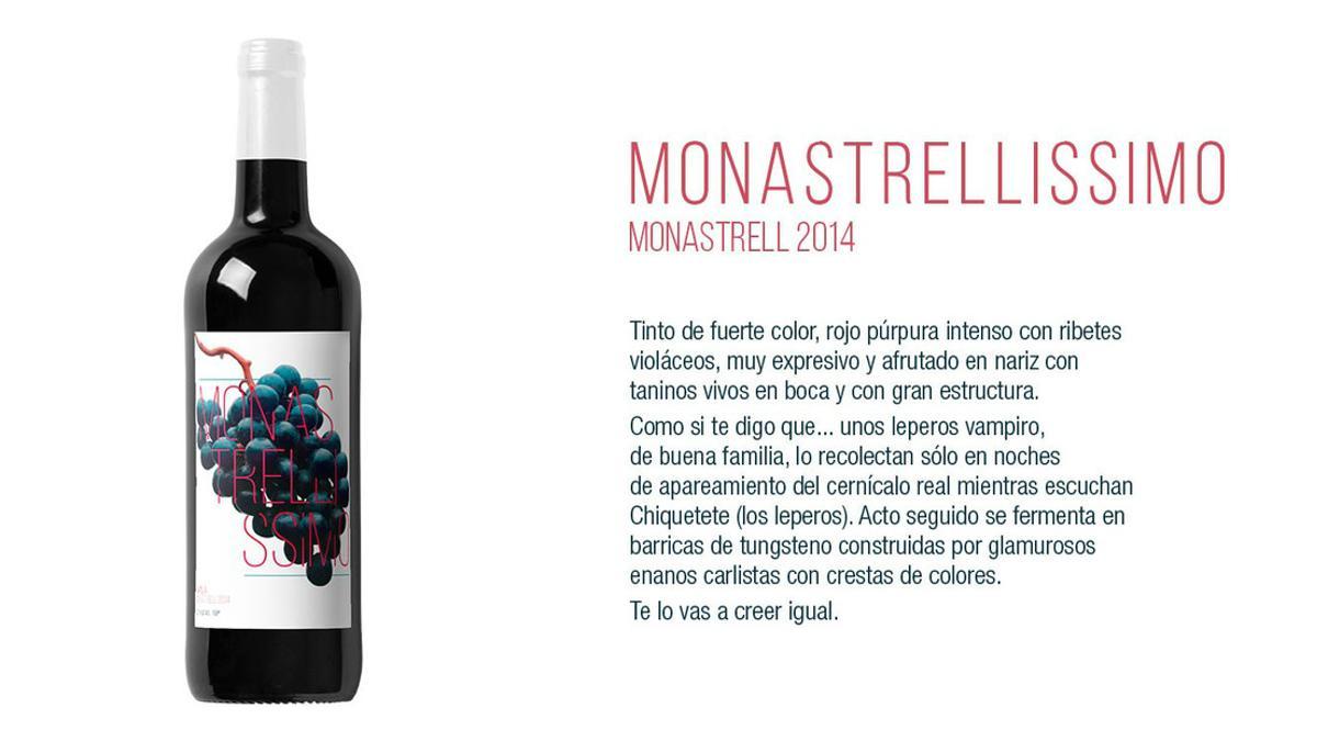 La botella de Monastrellissimo, tinto de la cosecha del 2014 con Denominación de Origen Jumilla y la contraetiqueta viral.