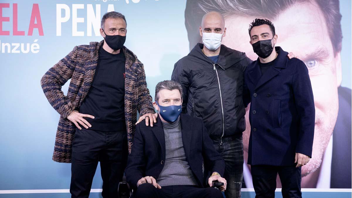 Luis Enrique, Xavi y Guardiola, con Unzué en el estreno de su documental