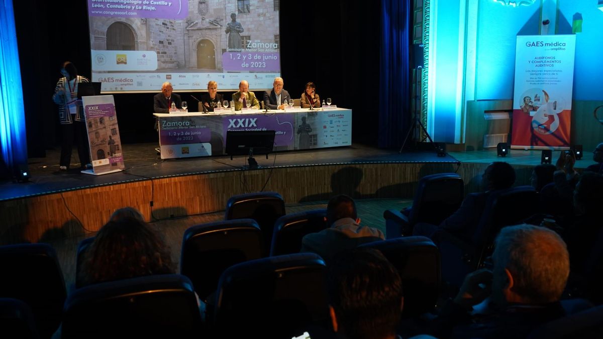 Desde la izquierda: Soledad Suárez, José Luis Blanco, Jesús García Cruces, Leticia García, Jesús María Prada y Ana Isabel Navazo, presidenta de los otorrinos de Castilla y León