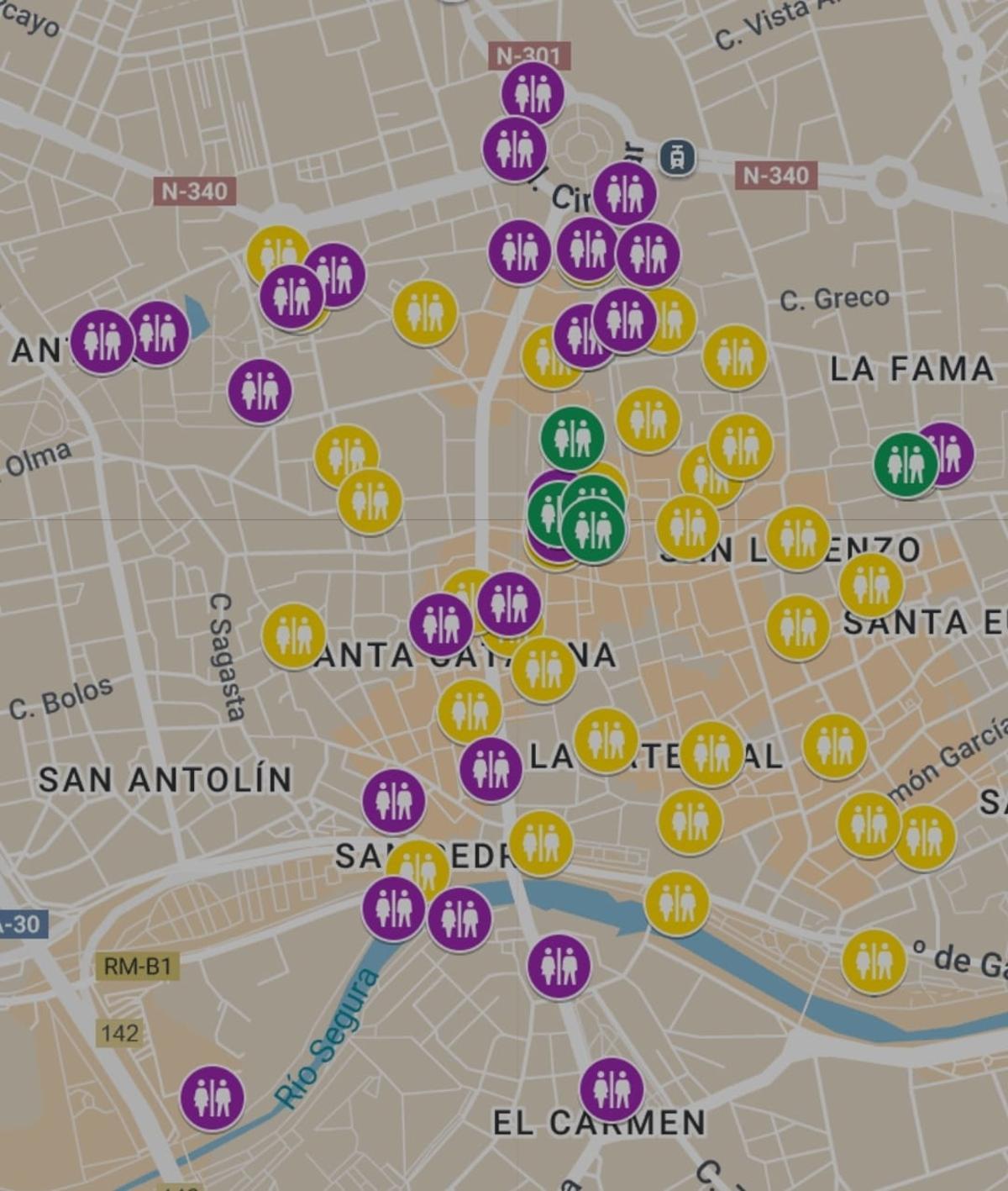 Mapa que muestra la ubicación de los aseos portátiles que se desplegarán en Murcia durante las Fiestas de Primavera.