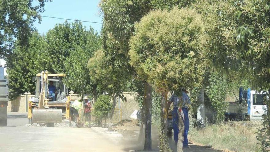 Operarios realizan trabajos en una calle de Santibáñez de Vidriales.