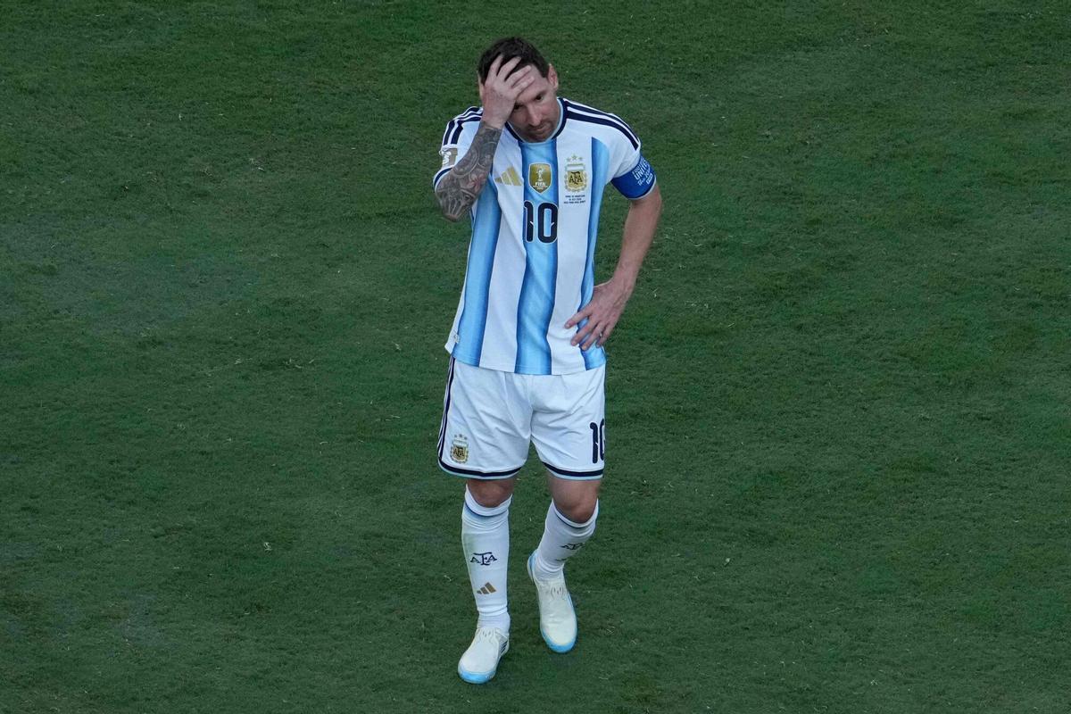 Argentina's forward #10 Lionel Messi reacts after the 2026 World Cup football tournament final match between Spain and Argentina at the New York/New Jersey Stadium in East Rutherford on July 19, 2026. Spain beat 10-man Argentina 1-0 after extra-time to win their second World Cup. (Photo by TIMOTHY A. CLARY / AFP)