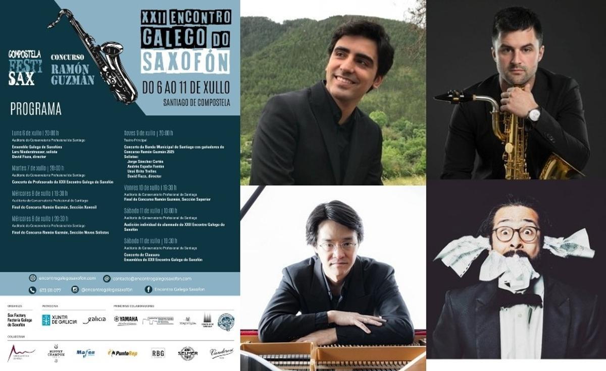Cartel y parte del profesorado del Encuentro Gallego del Saxofón - Encontro Galego do Saxofón 2026.