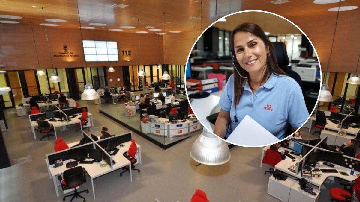 Carmen Sánchez, supervisora de la sala del 112, en el círculo, con su lugar de trabajo de fondo