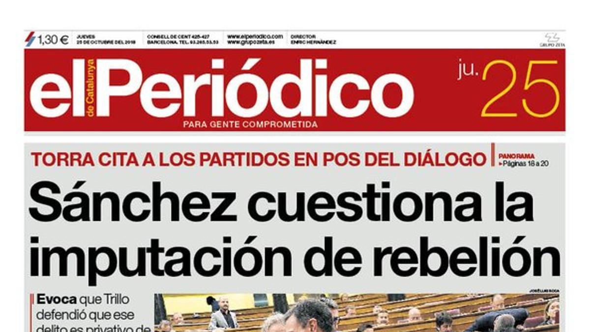 La portada de EL PERIÓDICO del 25 de octubre del 2018