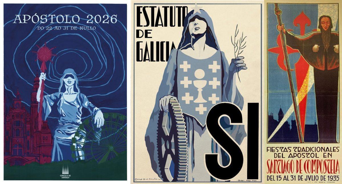 Cartel de las Fiestas del Apóstol 2026, obra de Iria Aldegunde. Al lado, dos creaciones de  Díaz Baliño.