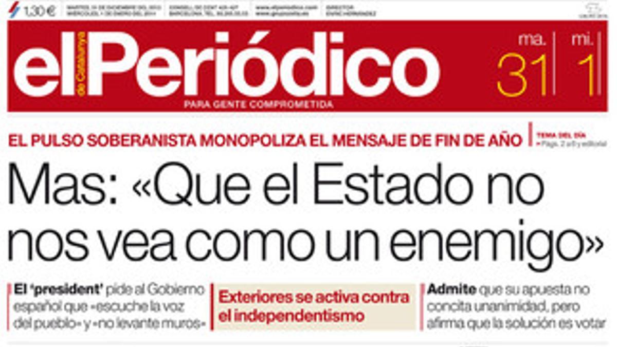 La portada de EL PERIÓDICO (31-12-2013).