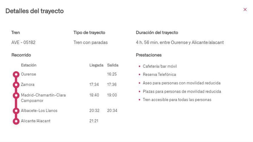 Horario del AVE entre Ourense y Alicante.