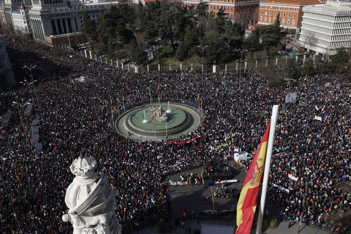 MADRID, 12/02/2023.- Vista general de la manifestación en defensa de la sanidad pública, este domingo en la Plaza de Cibeles en Madrid. EFE/Rodrigo Jiménez