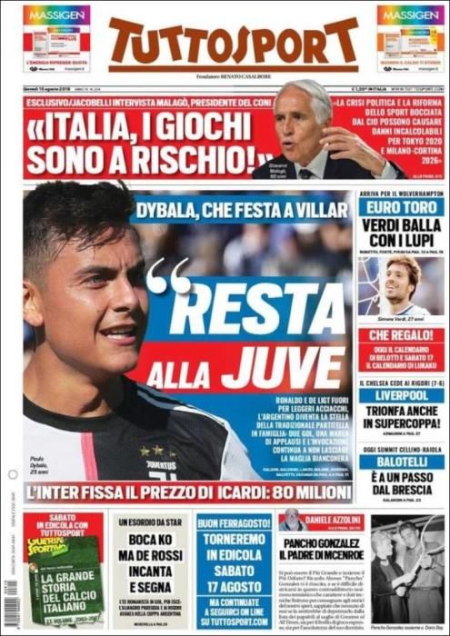 Portada TUTTOSPORT jueves 15 agosto 2019