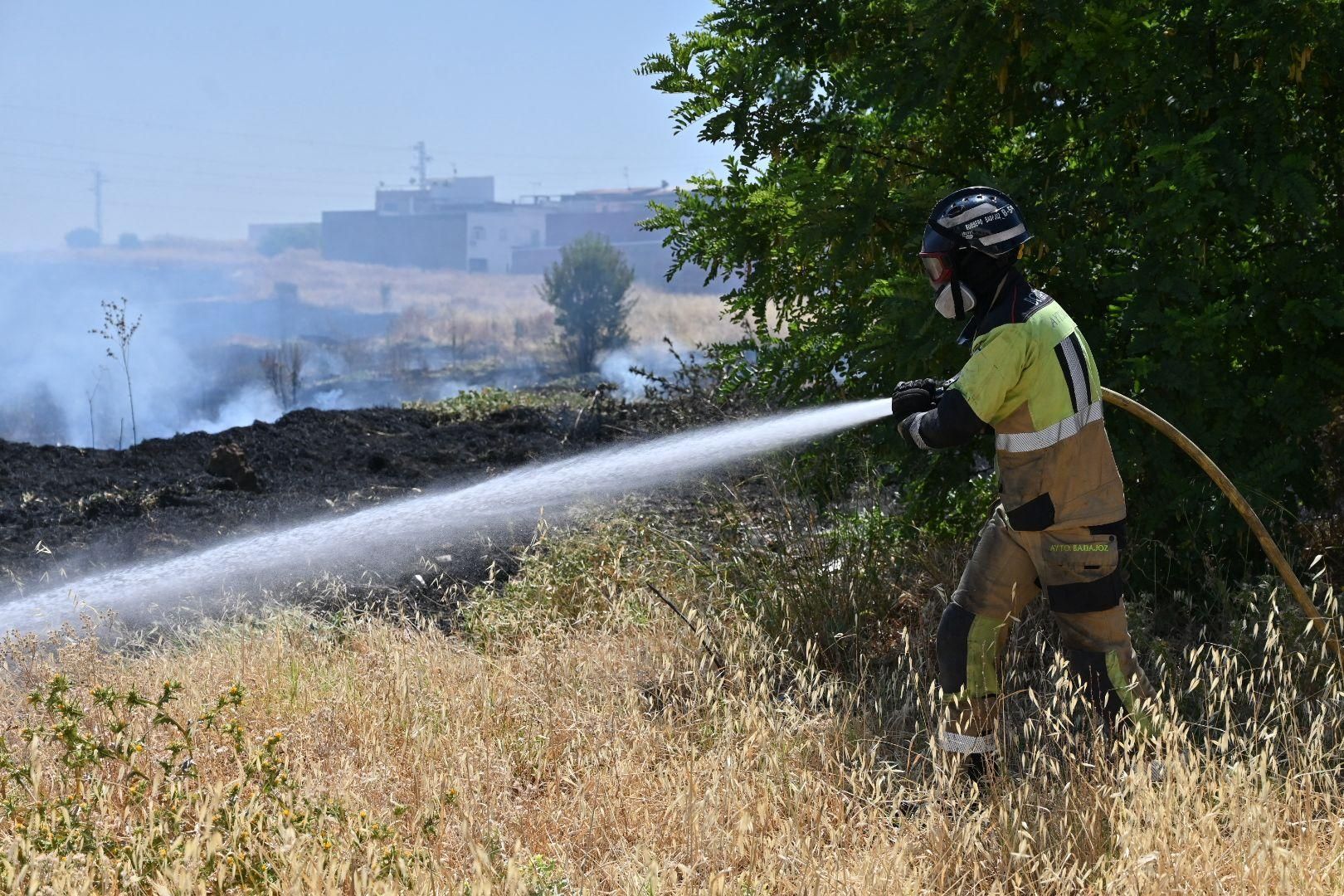 EN IMÁGENES | Un incendio de pastos en el Cerro de San Miguel (Badajoz) causa alarma por la cercanía a varias naves comerciales