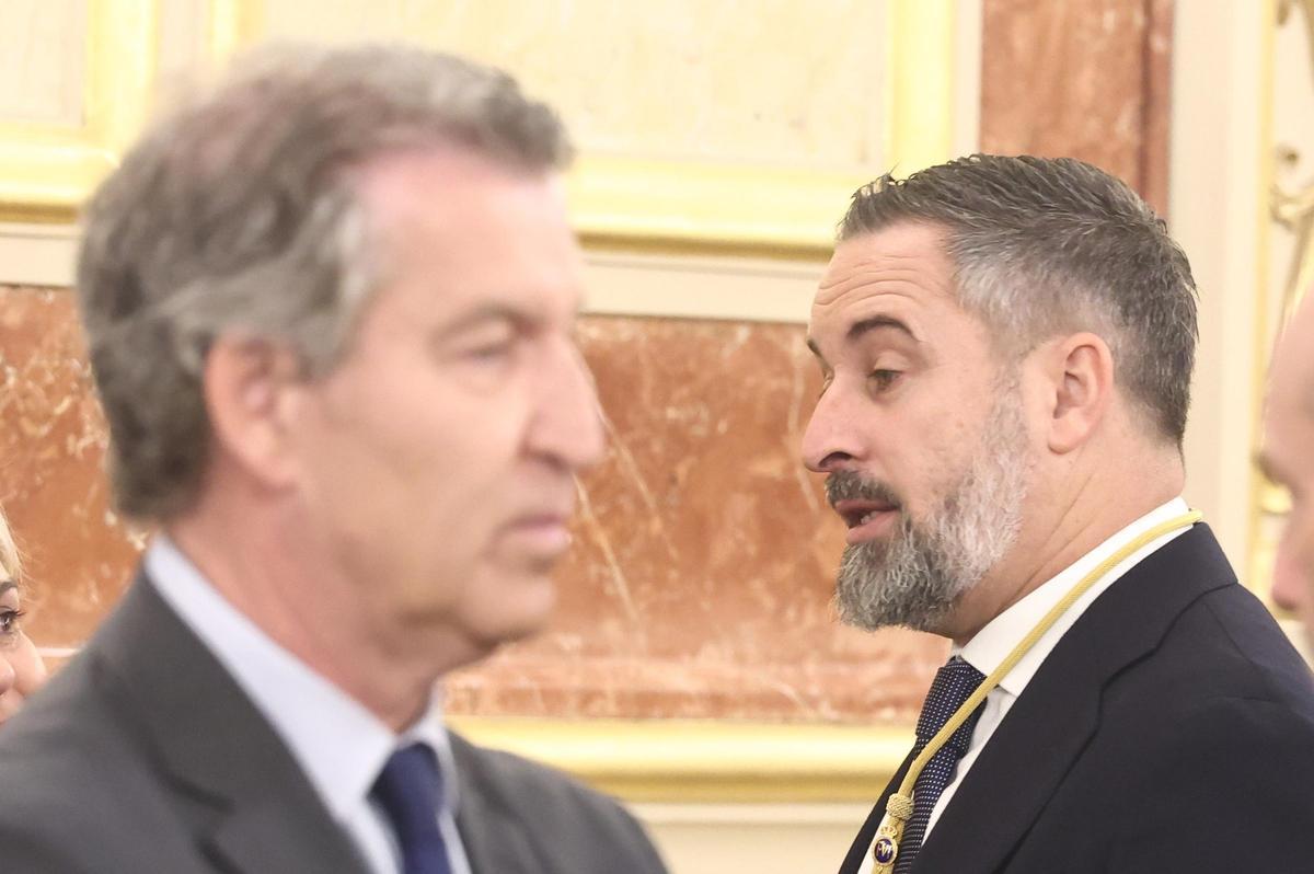 El presidente de Vox, Santiago Abascal (d), y el presidente del PP, Alberto Núñez Feijóo (i), durante la visita del Papa León XIV al Congreso de los Diputados, a 8 de junio de 2026, en Madrid (España). León XIV es el primer papa que pronuncia un discurso