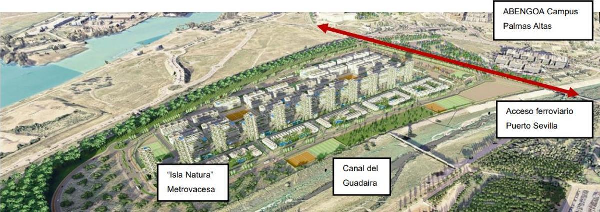 El acceso ferroviario al recinto portuario, en la zona de Palmas Altas, se enmarca en un corredor  delimitado al norte por la urbanización del Campus de Palmas Altas de Abengoa y al sur por el nuevo  barrio de Palmas Altas “Isla Natura”.