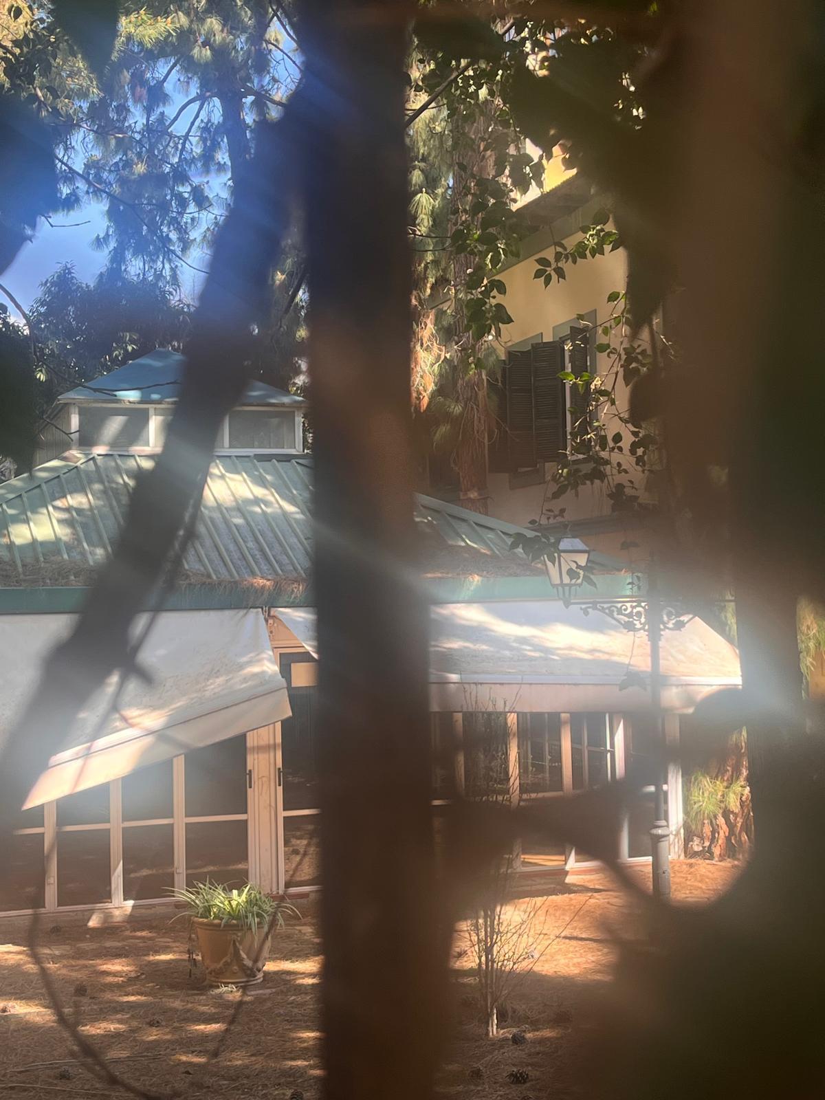 Interior del jardín de Villa Amparo, con una ventana abierta