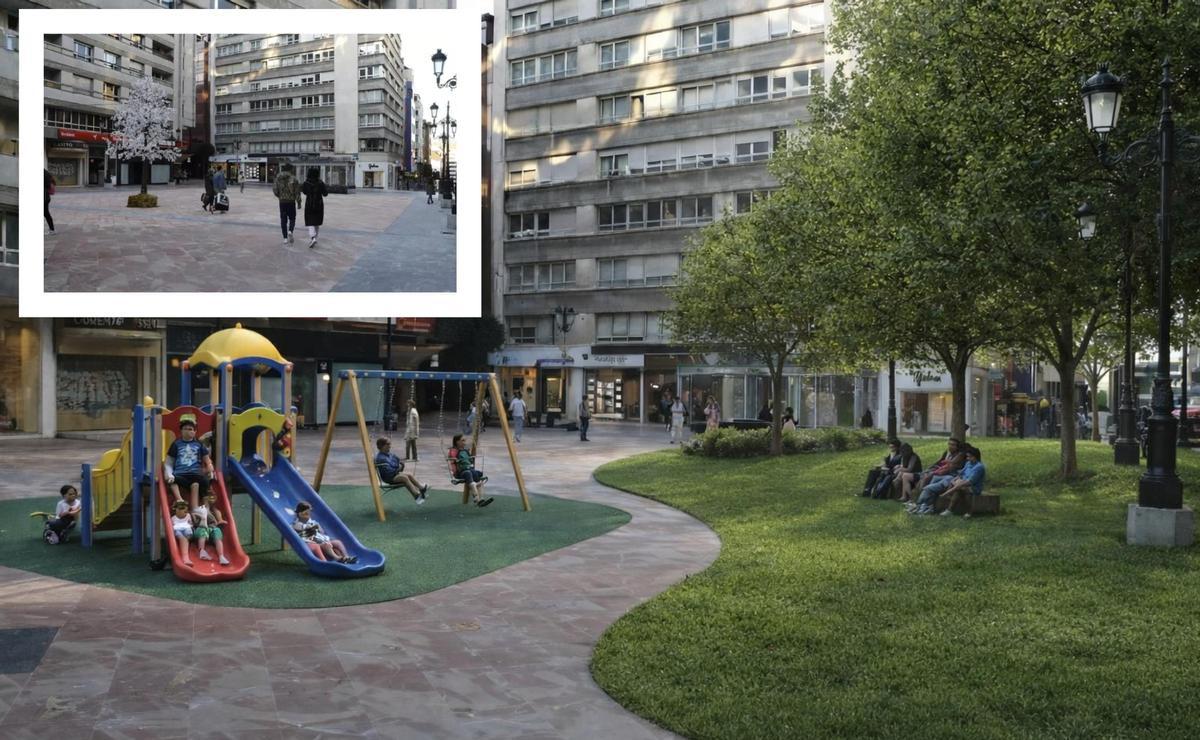 En el recuadro, plaza de Longoria Carvajal en la actualidad. En la imagen, la propuesta del PSOE de Oviedo.