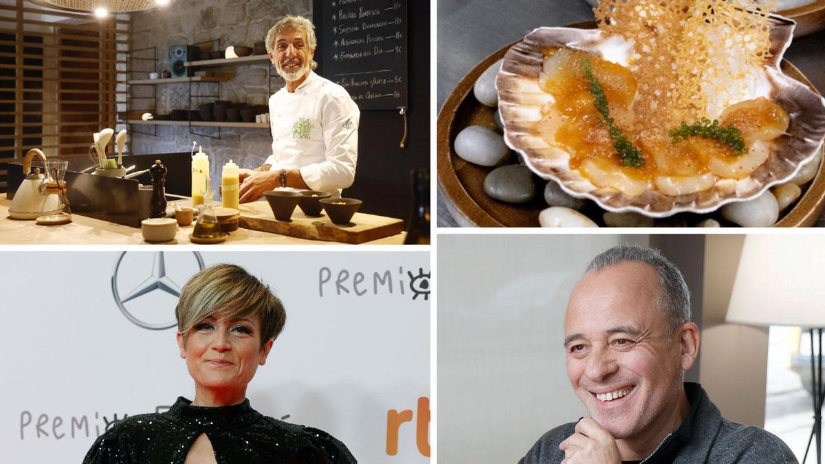 Arriba a la izquierda, la Taberna de Pepe Solla, con el propio chef; una vieira gallega del restaurante Senlleiro; la cómica Sara Escudero y el actor Javier Gutiérrez.