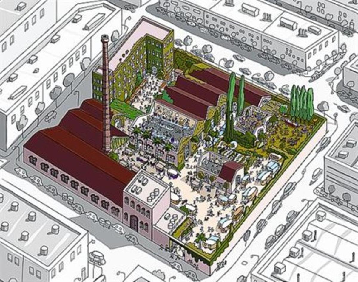 L’ESPAI 3 Il·lustració de Mariscal de l’espai que ocuparà el nou mercat mensual del Poblenou, als espais exteriors i interiors de l’antic complex fabril de Palo Alto, amb accés des del carrer de Pellaires. L’ESPAI 3 Il·lustració de Mariscal de l’espai que ocuparà el nou mercat mensual del Poblenou, als espais exteriors i interiors de l’antic complex fabril de Palo Alto, amb accés des del carrer de Pellaires.