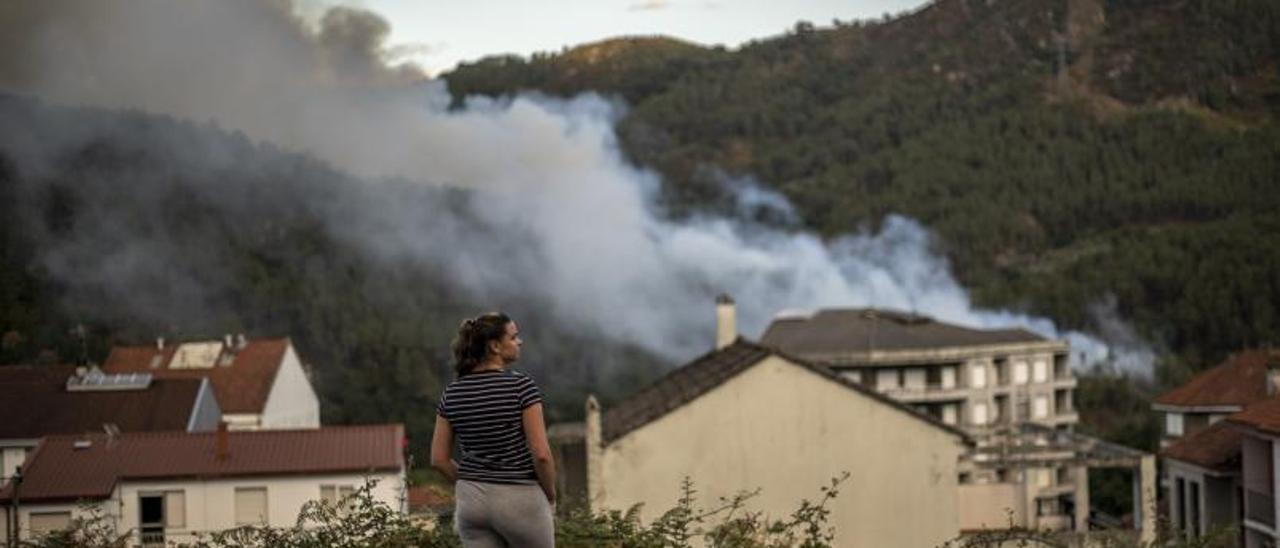 Una mujer observa una columna de humo, en el fuego de Ribadavia. |   // BRAIS LORENZO