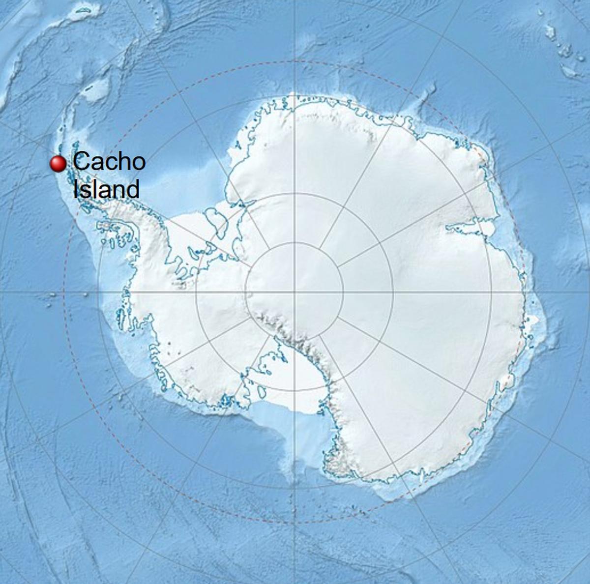 Mapa de la Antártida en el que está marcada Cacho Island.