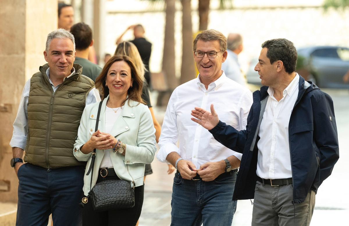 Elías Bendodo, Patricia Navarro, Alberto Núñez Feijóo y Juanma Moreno, este domingo en Málaga.