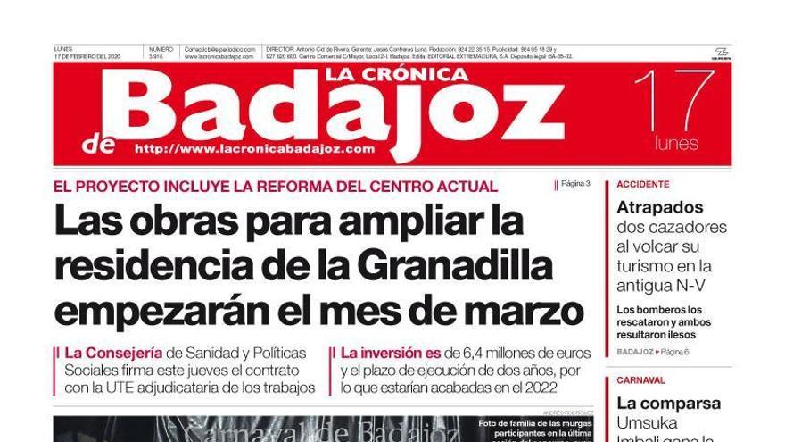 Esta es la portada de LA CRÓNICA DE BADAJOZ correspondiente al día 17 de febrero del 2020