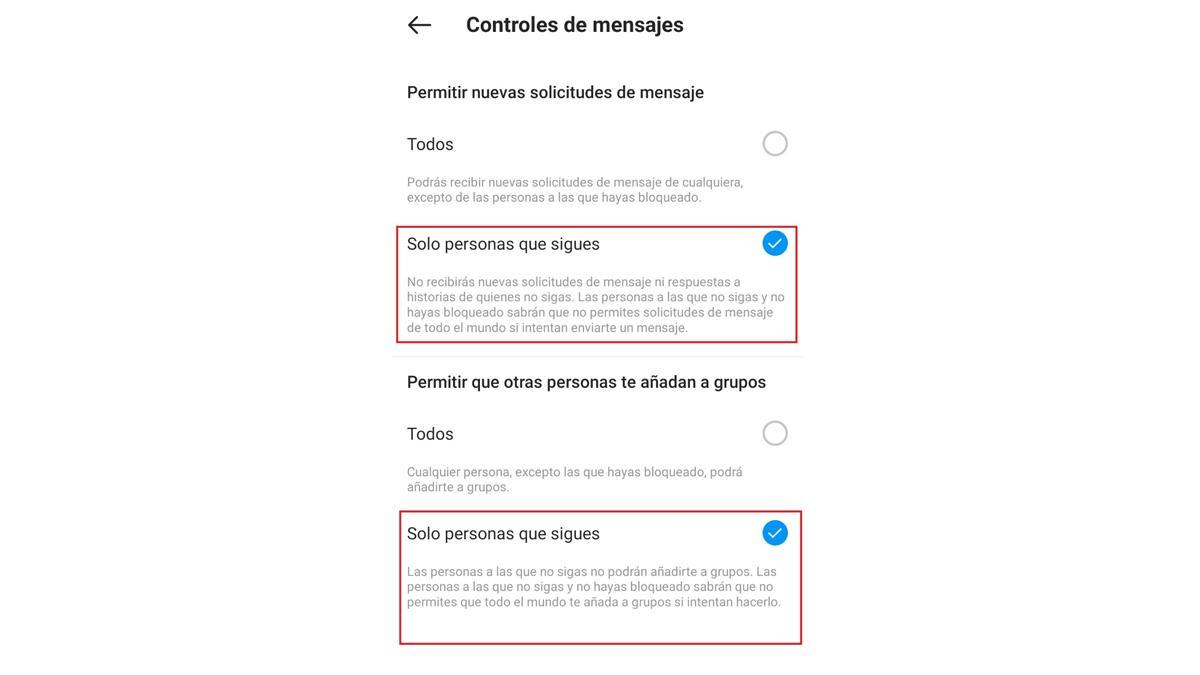 Proceso para dejar de recibir mensajes de perfiles falsos en instagram