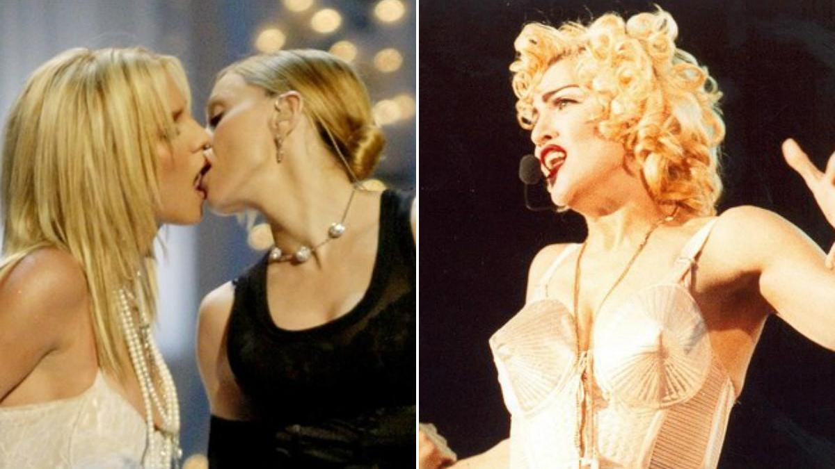Como Madonna. A la izquierda, besa a Britney Spears en la gala de los premios MTV del 2003. Al lado, durante el 'Blond ambition tour' de 1990.