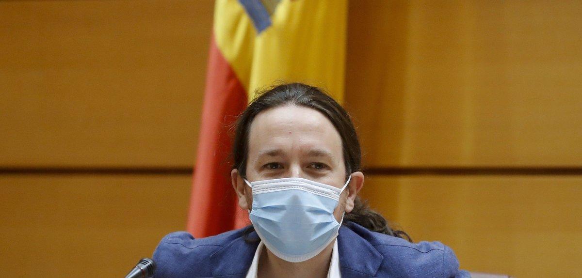 MADRID, 14/05/2020.- El vicepresidente segundo y ministro español de Derechos Sociales y Agenda 2030, Pablo Iglesias (c), se dispone a comparecer ante la Comisión de Derechos Sociales del Senado, este jueves, en Madrid, para dar cuenta de su labor de coordinación de las políticas de asuntos sociales del Ejecutivo durante la crisis del coronavirus. EFE/Basllesteros POOL