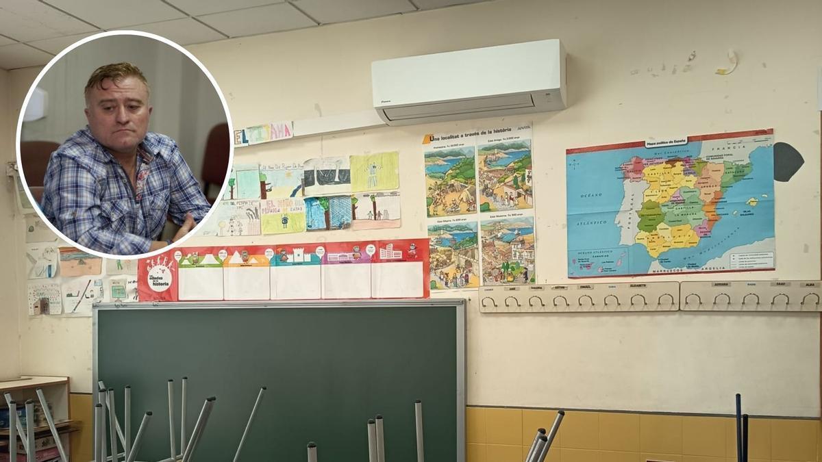 Una de las aulas del colegio de Chella. En el círculo, el alcalde, José Enrique Talón.