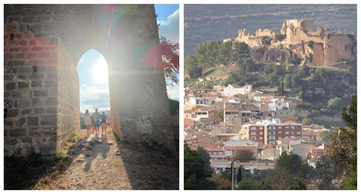 A la izquierda, participantes en una visita al Castillo de Montesa coordinada en 2022. A la derecha, imagen de archivo del Castillo.