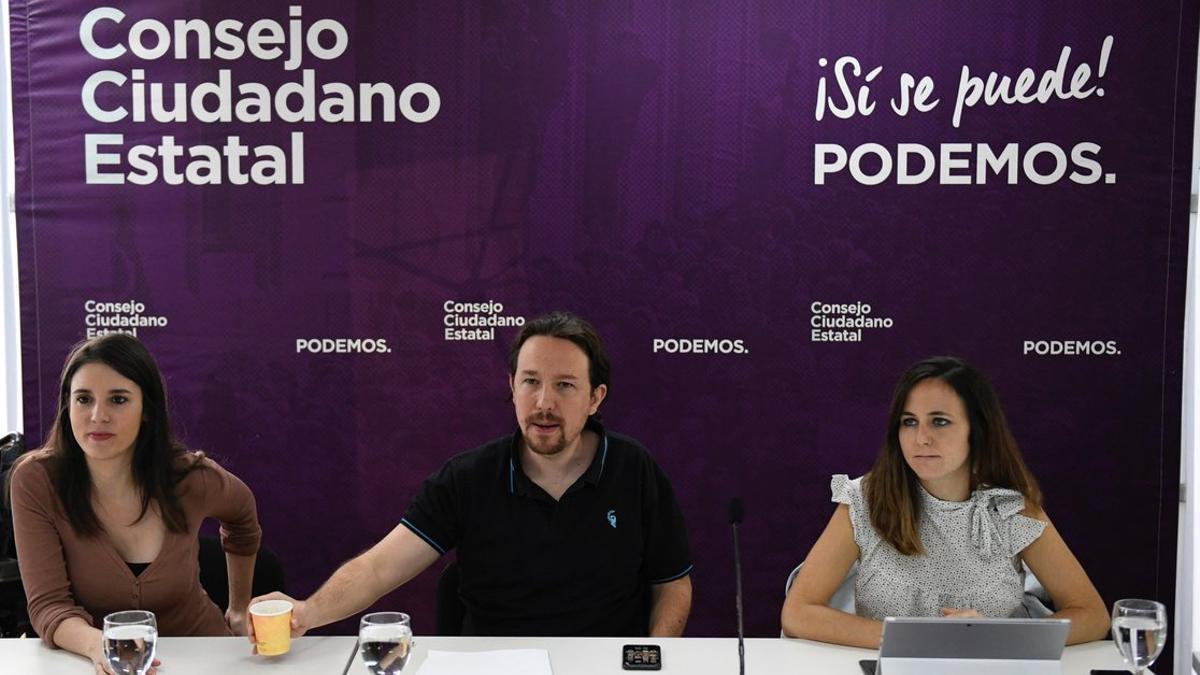 Pablo Iglesias preside el Consejo Ciudadano de Podemos, este sábado en Madrid, junto a Irene Montero e Ione Belarra.