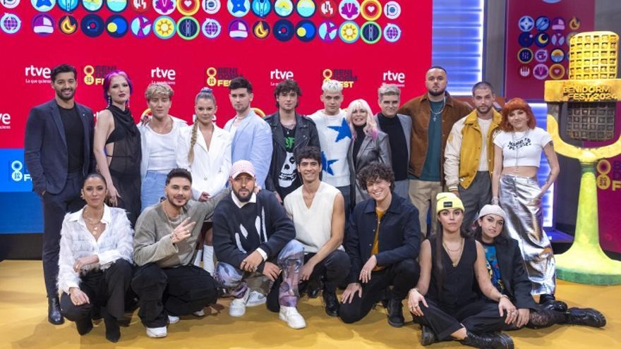 Los 16 participantes del Benidorm Fest 2024, durante la presentación de la tercera edición del certamen