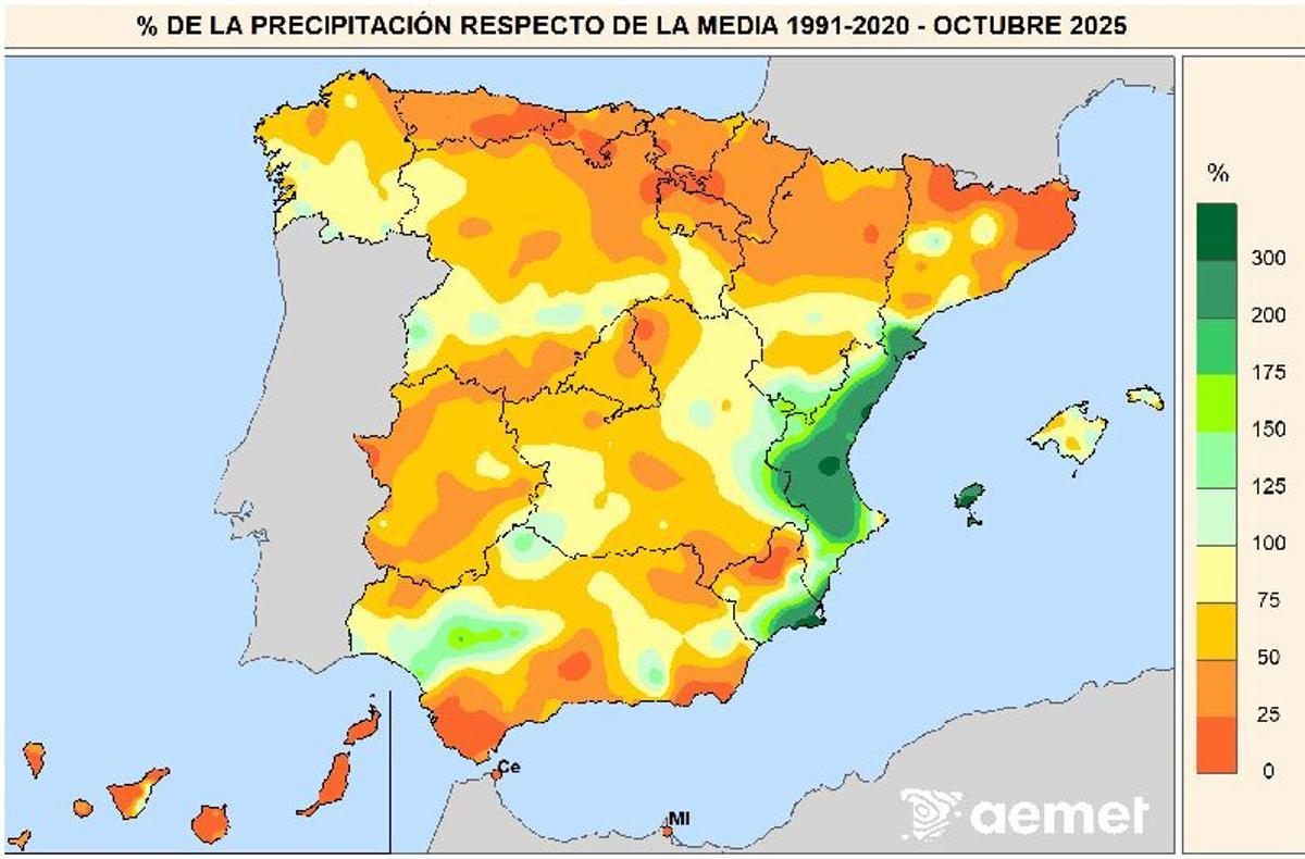 Porcentaje de la precipitación con respecto a la media 1991-2020 en octubre de 2025.