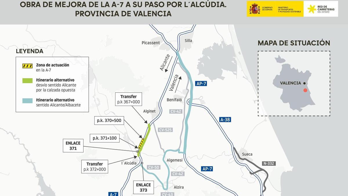 Croquis que señaliza el tramo de actuación, el que se habilitará con doble sentido y una itinerario alternativo.