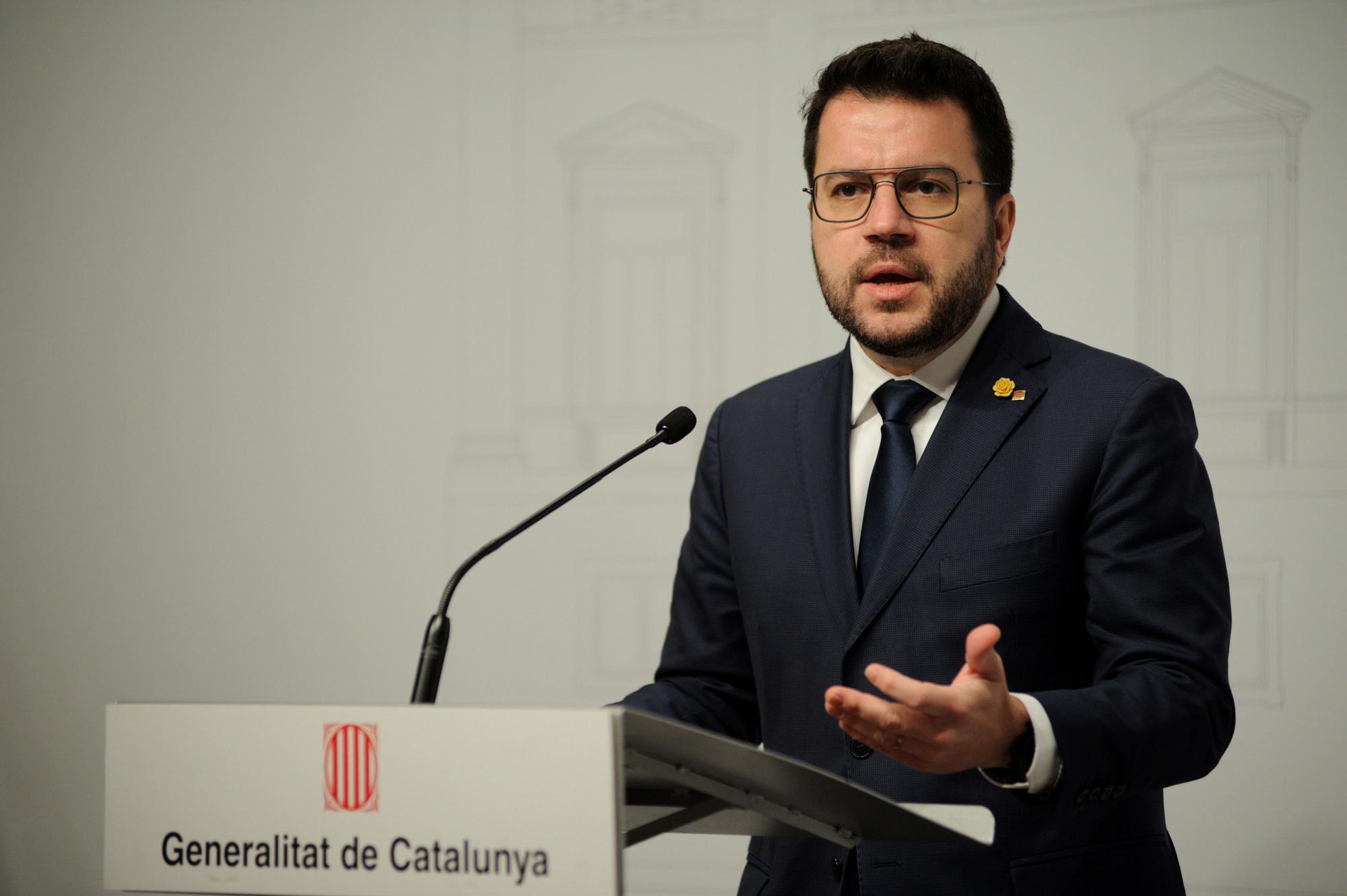 El presidente de la Generalitat, Pere Aragonès, durante una comparecencia en el Palau de la Generalitat.