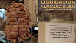 Zigurat de torreznos, cartel de liquidación en un comercio y nota con instrucciones en un lavabo público.