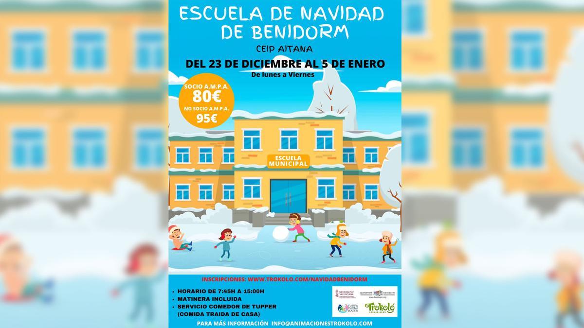 Cartel de la Escuela de Navidad organizado por las AMPAs en Benidorm.